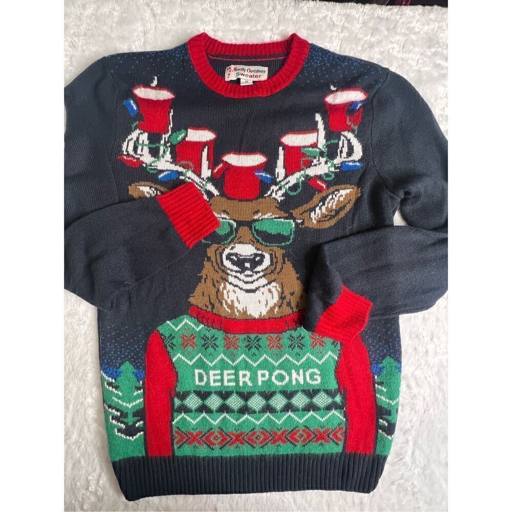 Novelty Christmas Sweater Women Multicolor Deer Pong Long Sleeve Pullover Medium